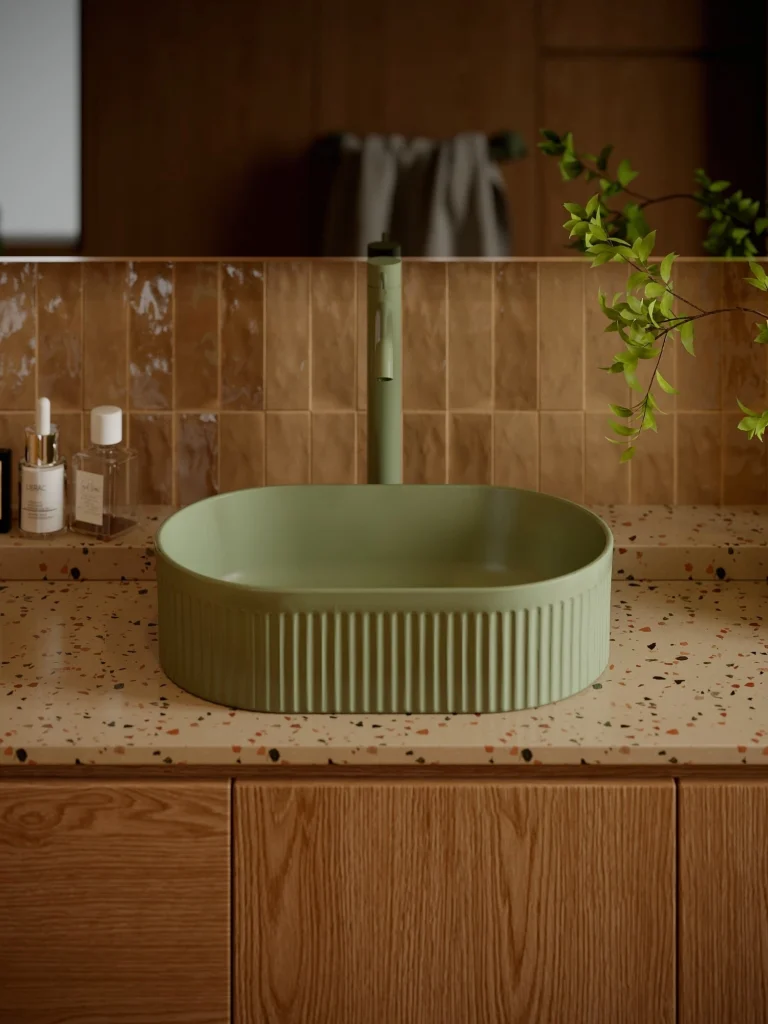 Umywalka nablatowa Pleat owalna – sage green – Kolekcja Pleat – BOCCO Umywalka nablatowa Pleat owalna – sage green - Kolekcja Pleat - BOCCO