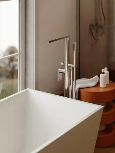 Bateria wannowa wolnostojąca Arcos – stal szczotkowana – Kolekcja Arcos – BOCCO Bateria wannowa wolnostojąca Arcos – stal szczotkowana
