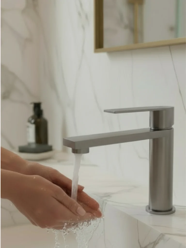Bateria umywalkowa nablatowa niska Arcos – stal szczotkowana - Kolekcja Arcos - BOCCO